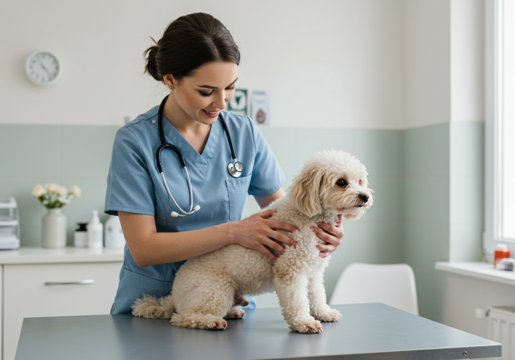 A Miniature Poodle being gently examined by a veterinarian in a bright, friendly clinic setting.