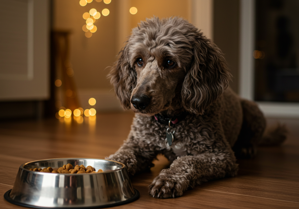 A Standard Poodle sitting near a bowl of food, appearing hesitant, in a cozy kitchen with warm lighting.