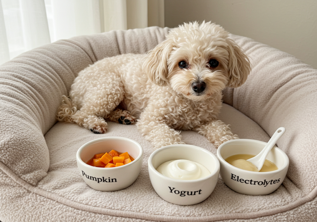 A Toy Poodle resting on a soft bed, surrounded by small bowls labeled 'Pumpkin,' 'Yogurt,' and 'Electrolytes' for stomach care.