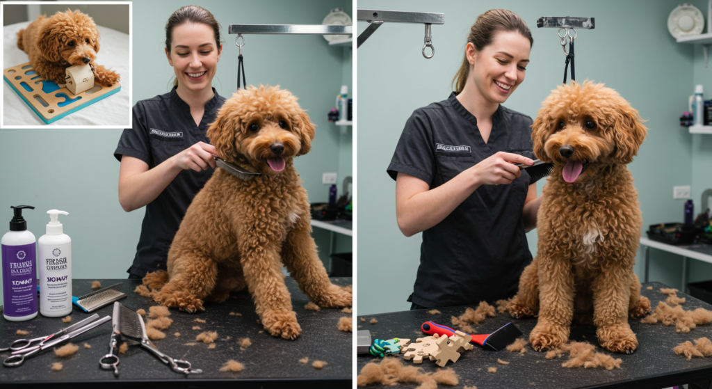 A groomer brushing a poodle’s curly coat in a brightly lit salon, with grooming tools on a table and another poodle playing with a puzzle toy in the background.