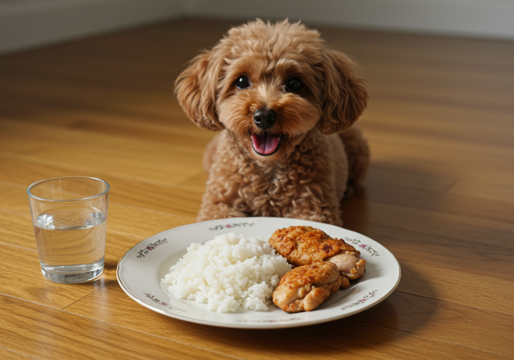 A happy Poodle enjoying a simple meal of rice and chicken on a clean plate, with a glass of water nearby on a wooden floor.