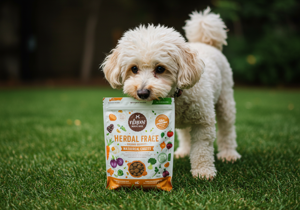 A playful Poodle sniffing a bag of grain-free dog food with vibrant packaging, set outdoors on green grass.