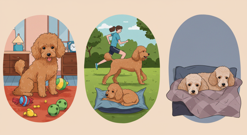 A sequence of three scenes showing a poodle's life stages a playful puppy with toys, an adult poodle jogging with its owner, and a senior poodle resting in a cozy bed.