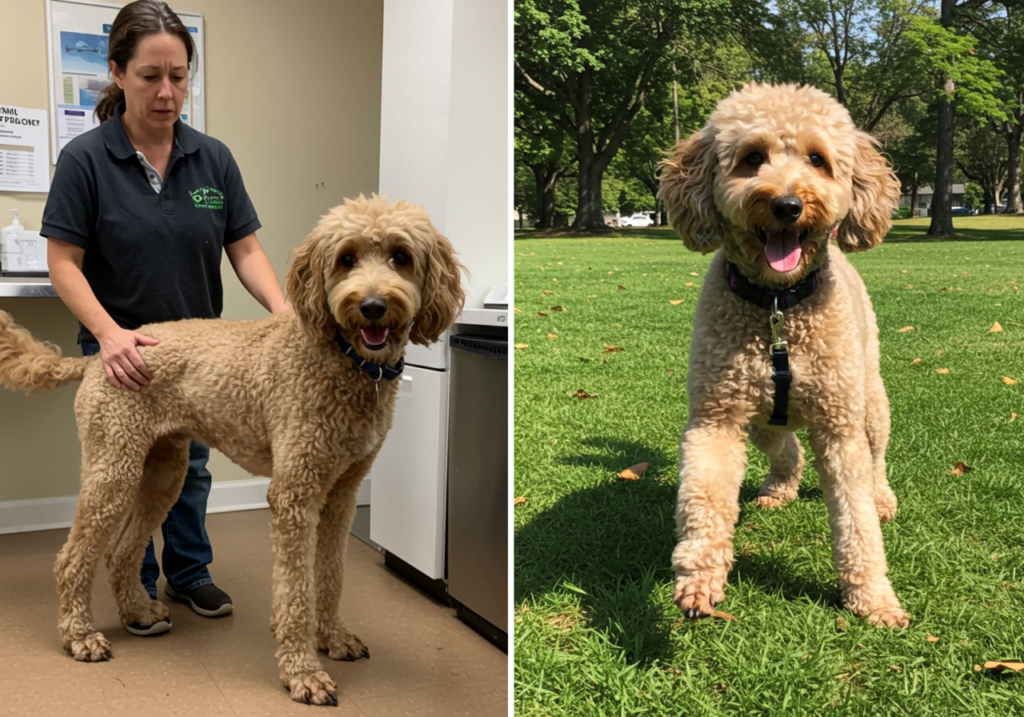 A split image showing a bloated Standard Poodle with a concerned owner and a happy, energetic Poodle after recovery.