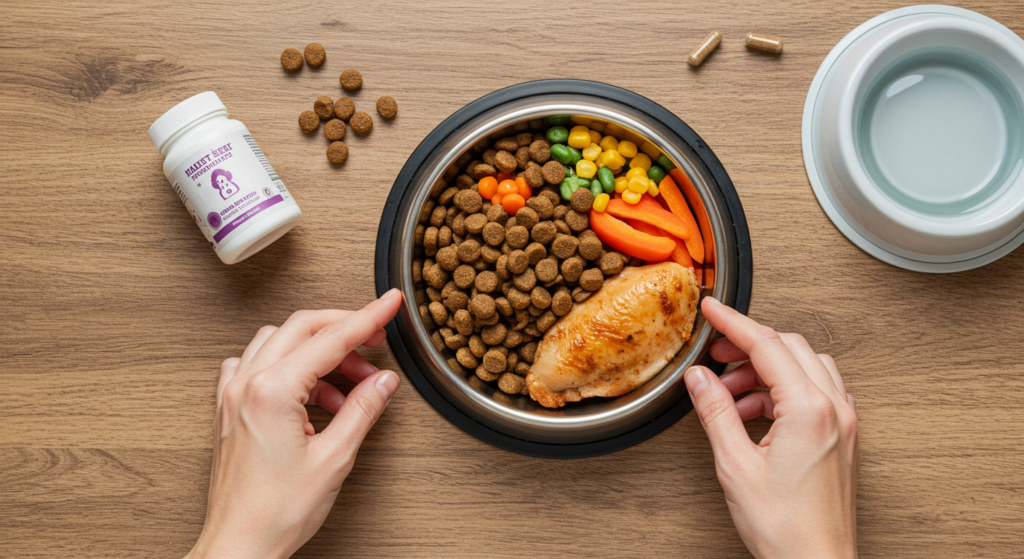 A stainless steel dog bowl filled with high-quality kibble, fresh vegetables, and chicken breast, alongside supplements and a water bowl on a table.