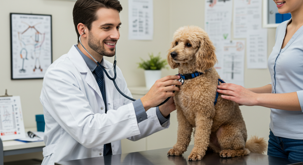 A veterinarian holding a stethoscope while examining a poodle sitting calmly on an examination table, with its owner nearby in a bright clinic.