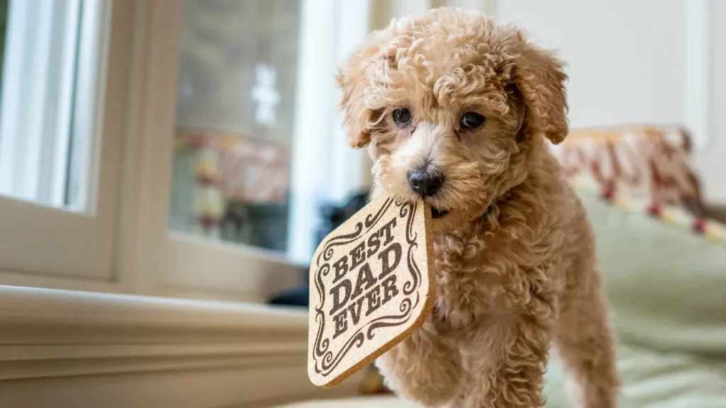 Adorable Poodle with wooden pad in mouth walking on bed