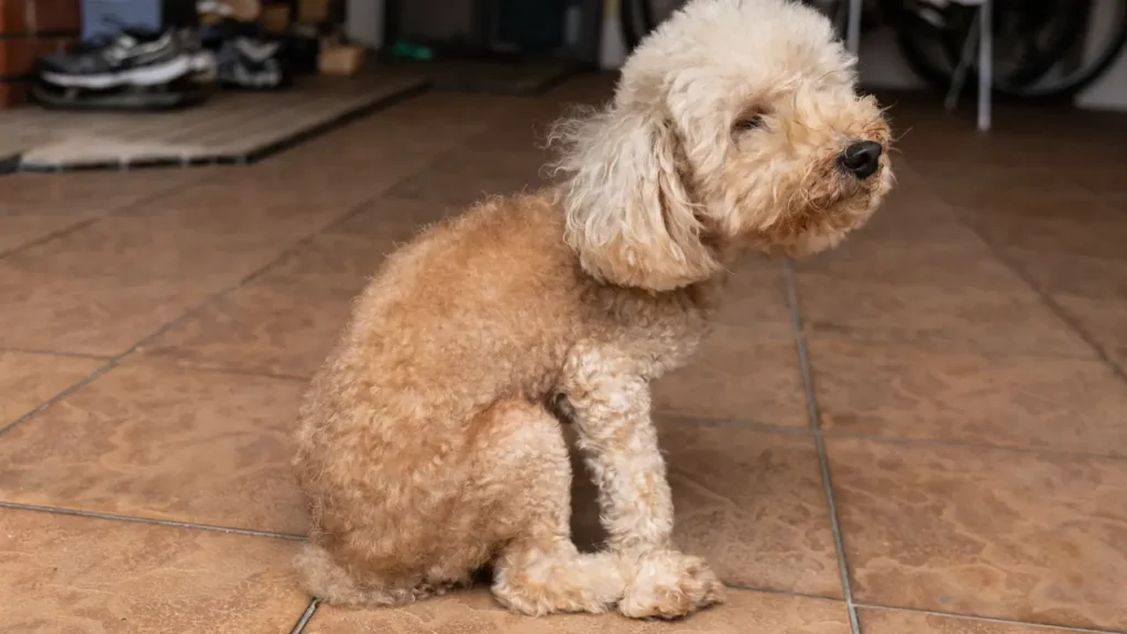 Close-up of Poodle Pet Dog Scooting or Sliding on Rough Floor Surface to Relieve Itch Discomfort Due to Anal Gland Problem