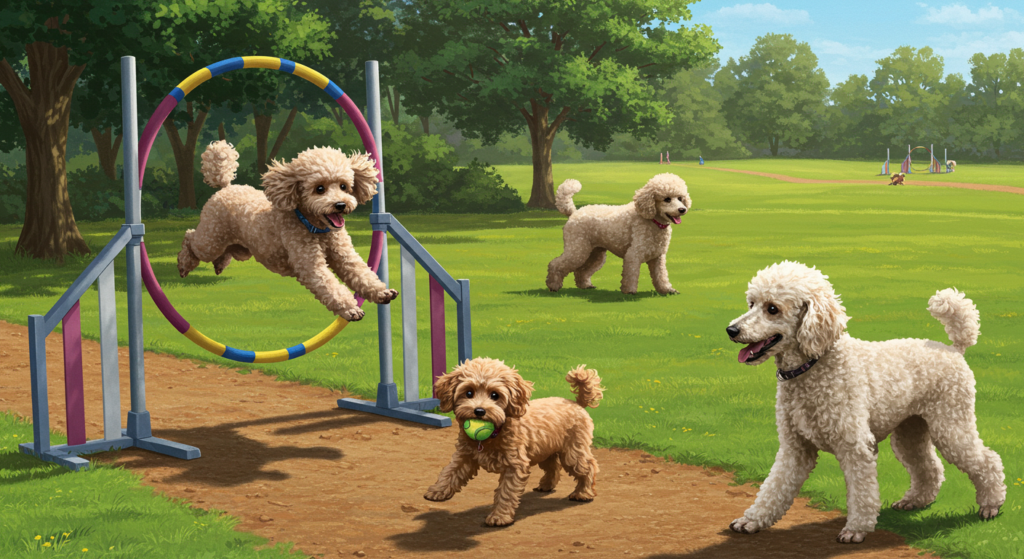 Three poodles exercising a Toy Poodle jumping through a hoop, a Miniature Poodle retrieving a ball, and a Standard Poodle being walked on a sunny park trail.