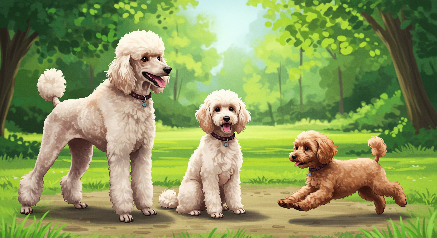 Three poodles in a park a Standard Poodle standing tall, a Miniature Poodle sitting elegantly, and a Toy Poodle running playfully, surrounded by greenery.