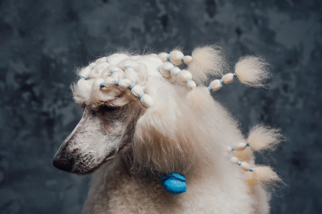 headshot of furry white poodle dog